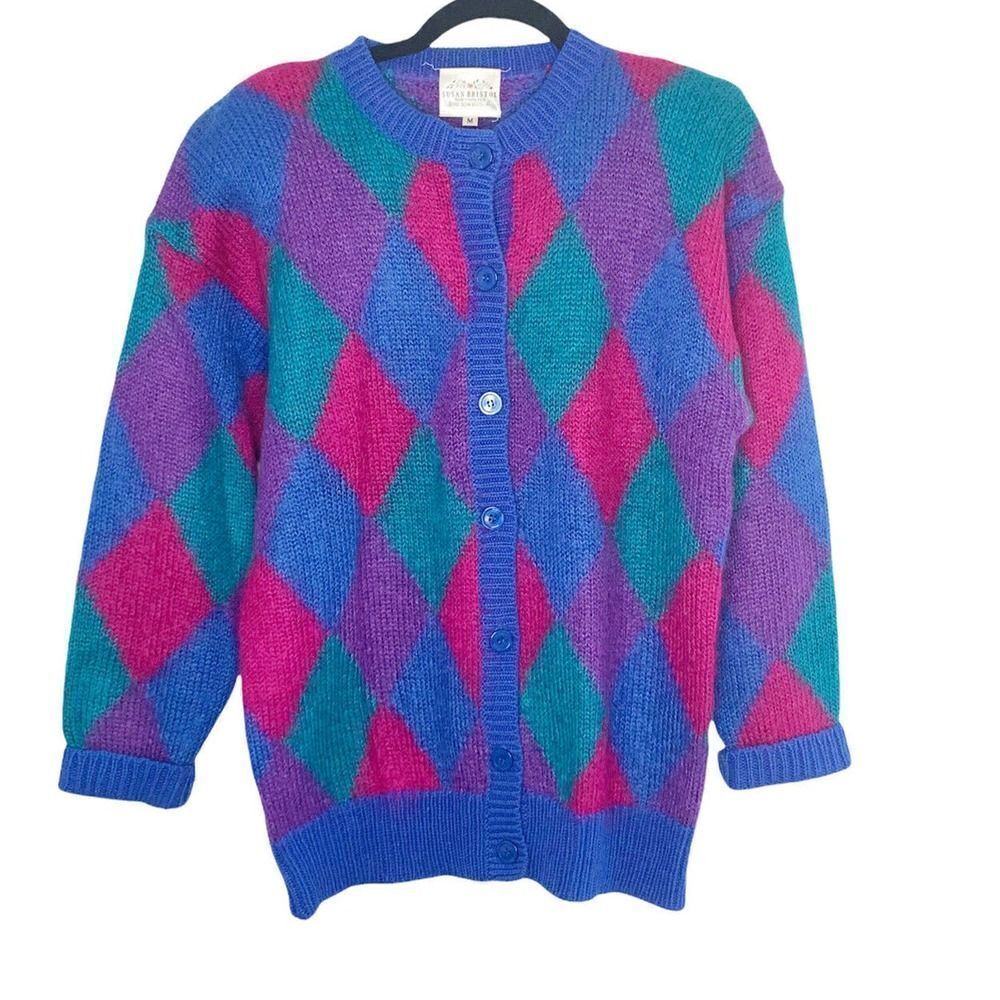 Vintage Susan Bristol Women’s Diamond Plaid Fuzzy Colorful 80s Cardigan Size M